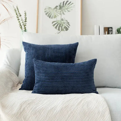Deep navy corduroy flocking throw pillow cover with ribbed texture on white sofa for decorbites corduroy flocking decorbites corduroy flocking