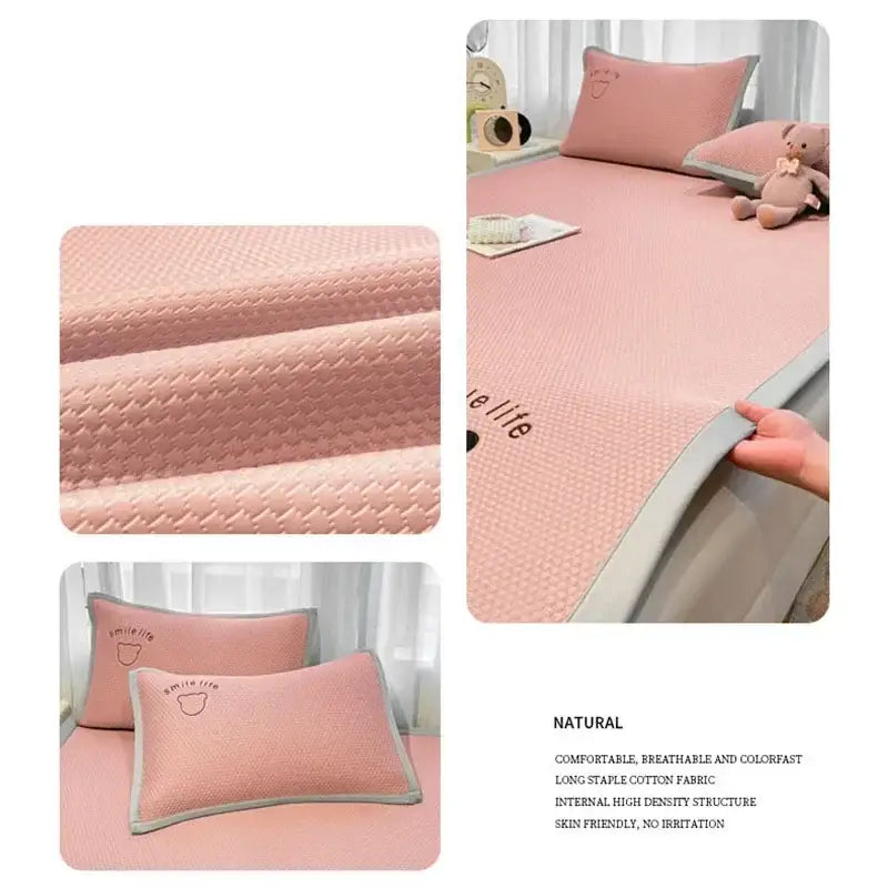Blush pink diamond jacquard cooling bed sheet set with textured mattress pad and gray trim for bedroom comfort