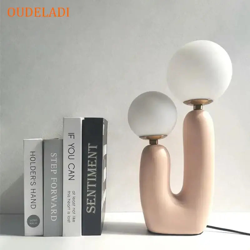Blush pink ceramic table lamp with two frosted white glass ball led shades for bedroom decorbites glass ball lighting