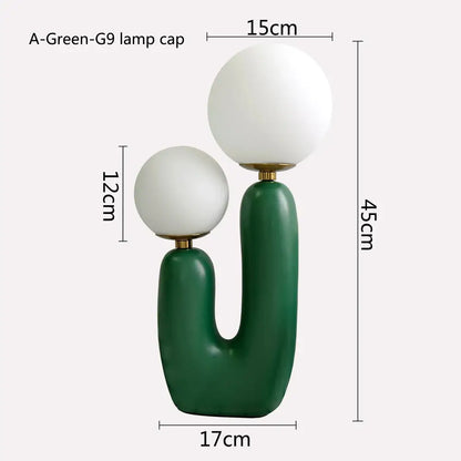Modern green ceramic table lamp with two frosted white glass ball led shades for decorbites bedroom use