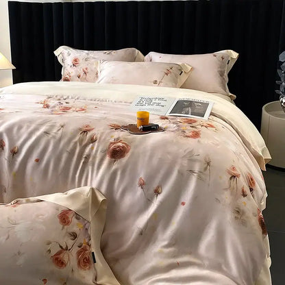 A soft blush pink satin duvet cover with eucalyptus fiber flowers in a blush rose bedding set for bedroom decorbites