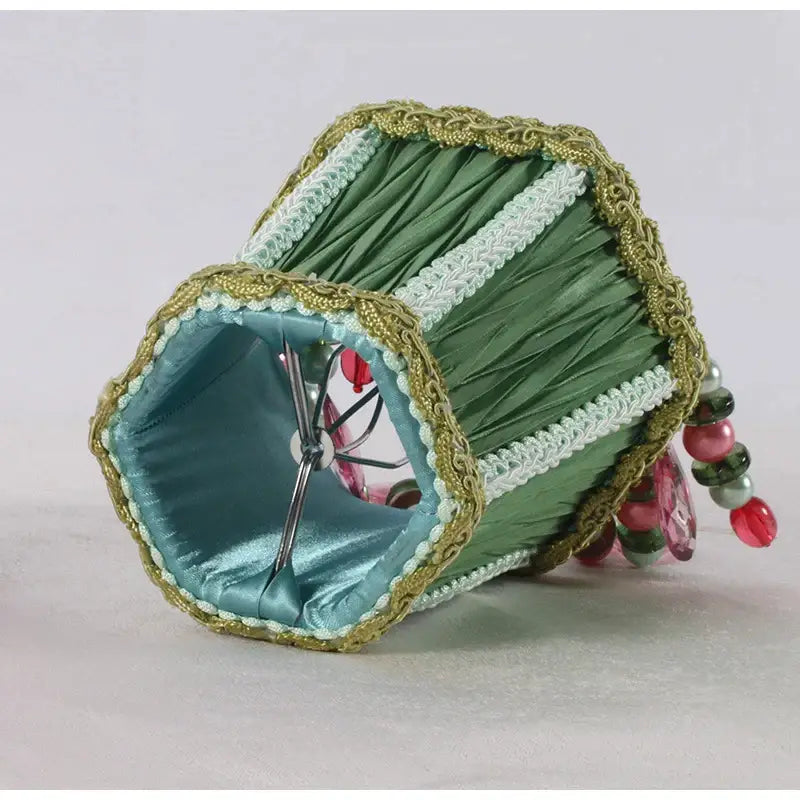 Bohemia emerald green cloth pleated lampshade with green cloth satin, gold and white lace trim, and dangling beads