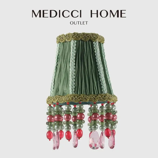 Bohemia emerald green cloth pleated lampshade with gold trim and pink beads for elegant bedroom decor