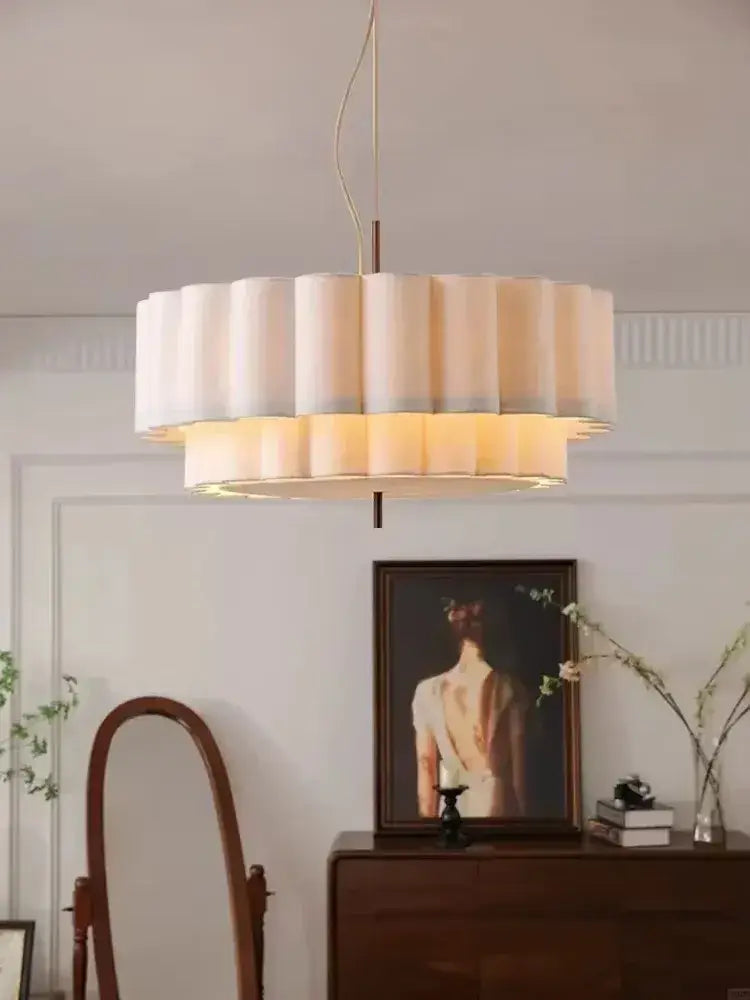 Bohemia fabric chandelier pendant light with cream pleated fabric shade and warm glow for living room decorbites bohemia fabric