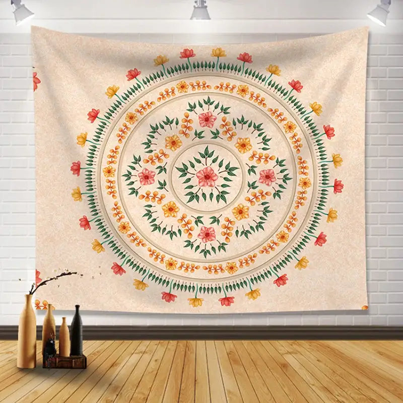 Beige floral mandala tapestry with pink yellow and orange concentric flowers and green leaves for bohemia room fabric poster decorbites bohemia room