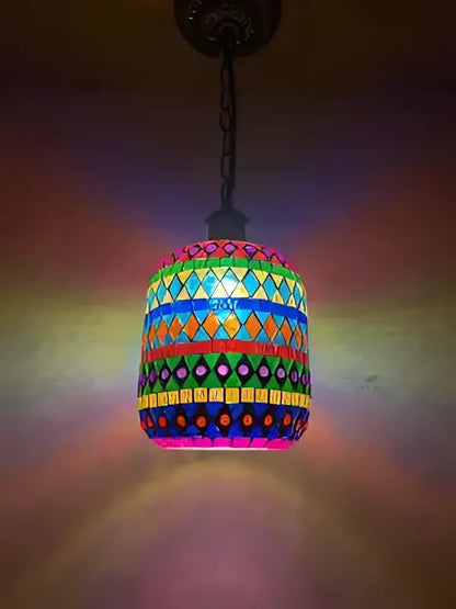 Vibrant bohemia turkish mosaic cylindrical pendant light with bold pink green blue and yellow geometric patterns for bedroom use