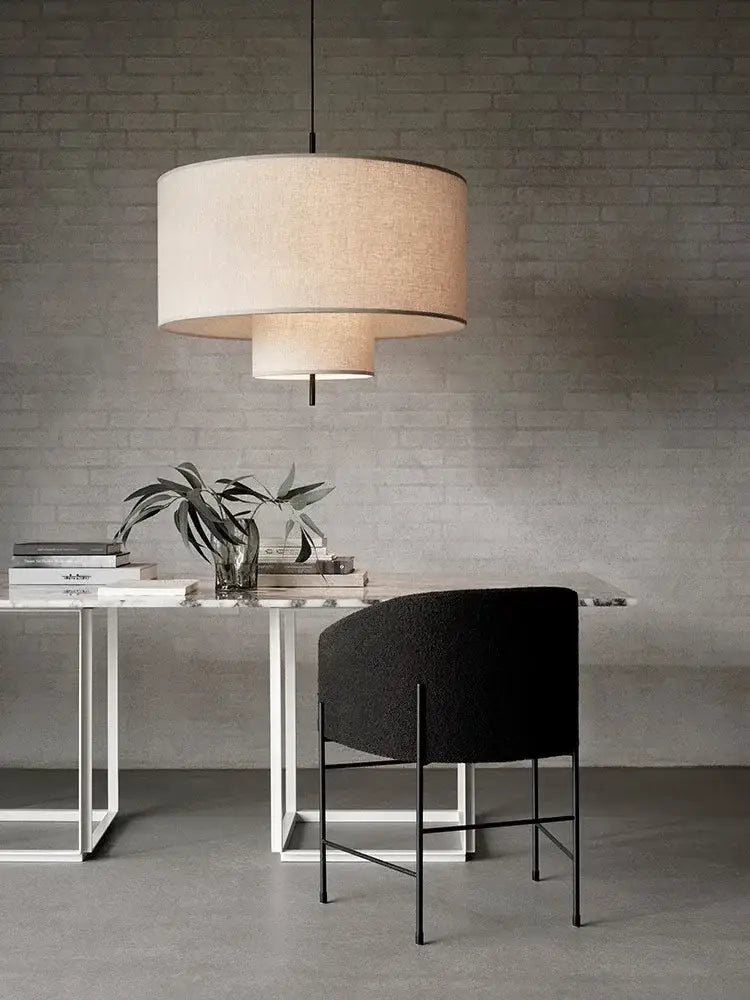 Beige linen tiered pendant lights with modern design for dining room by decorbites bohemia wabi sabi