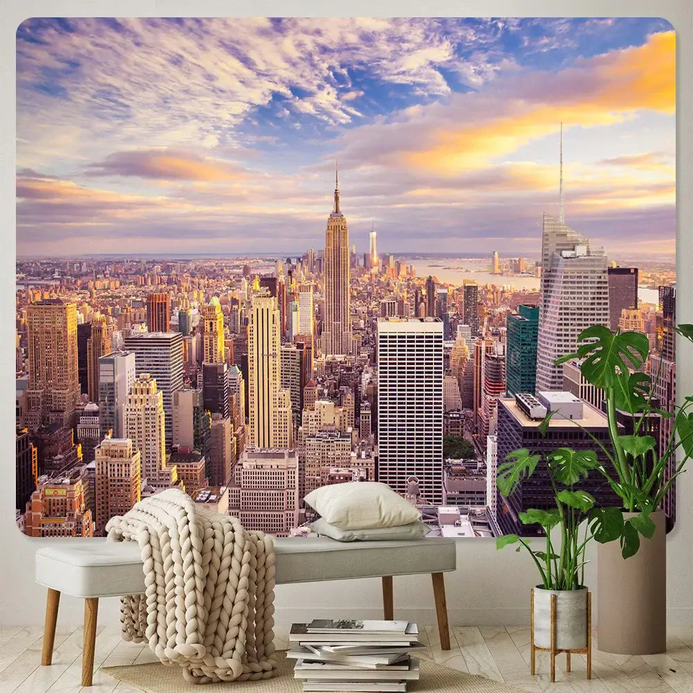 Bohemian art tapestry blanket by decorbites featuring empire state cityscape under a vibrant sunset for living room decor