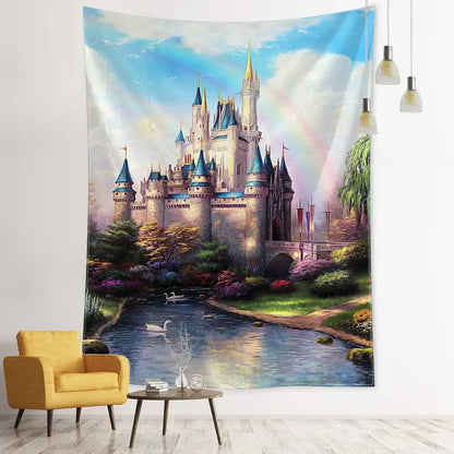 Bohemian autumn decorbites forest tapestry wall hanging featuring a majestic castle with blue spires and golden accents