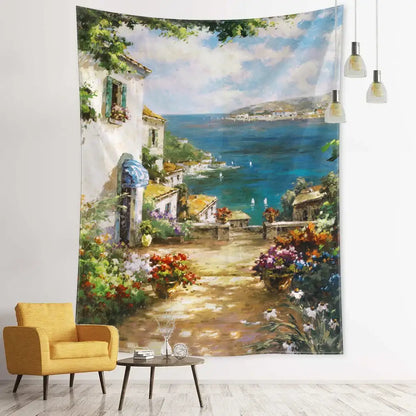 Bohemian autumn forest decorbites forest tapestry featuring a vibrant coastal village with white buildings and turquoise sea