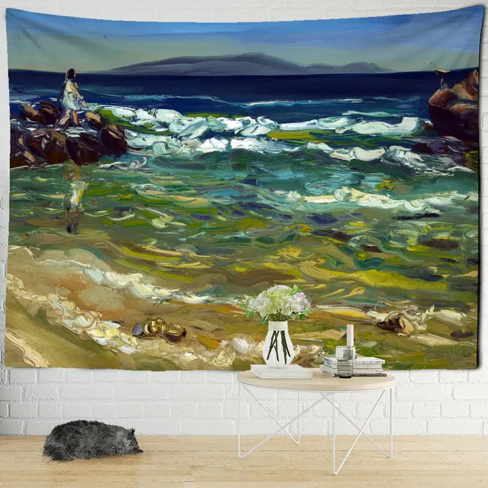 Vibrant ocean scene decorbites forest tapestry with impressionistic waves and solitary figure above minimalist table setup