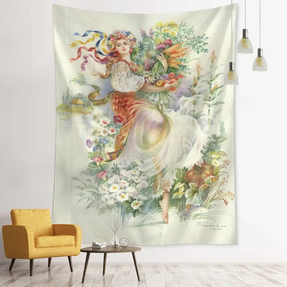 Vintage-style bohemian autumn decorbites forest tapestry with ornate woman and vibrant flowers hanging on white wall