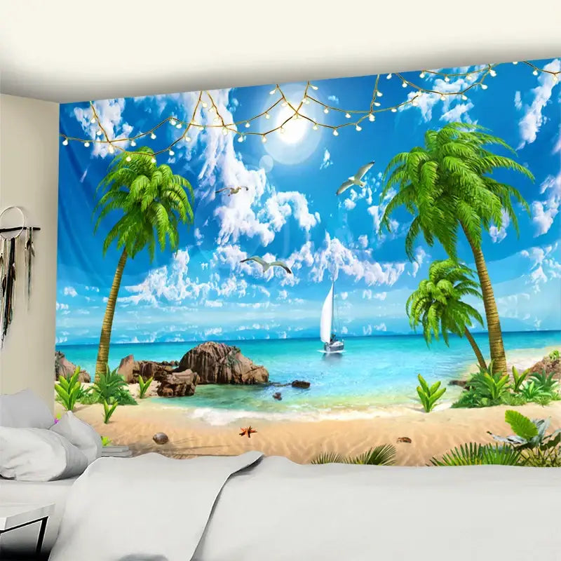 Bohemian beach coconut tree mandala tapestry with vibrant blue sky green palm trees and a white sailboat wall hanging
