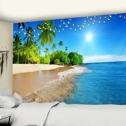 Bohemian beach coconut tree mandala tapestry with turquoise ocean, sandy shore, palm trees, and string lights wall hanging