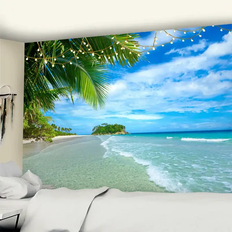 Bohemian beach coconut tree mandala tapestry with vibrant turquoise water and lush green palm fronds wall hanging