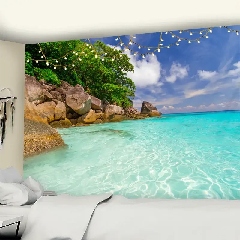 Bohemian beach coconut tree mandala tapestry featuring turquoise water, rocky shoreline, and string lights wall hanging