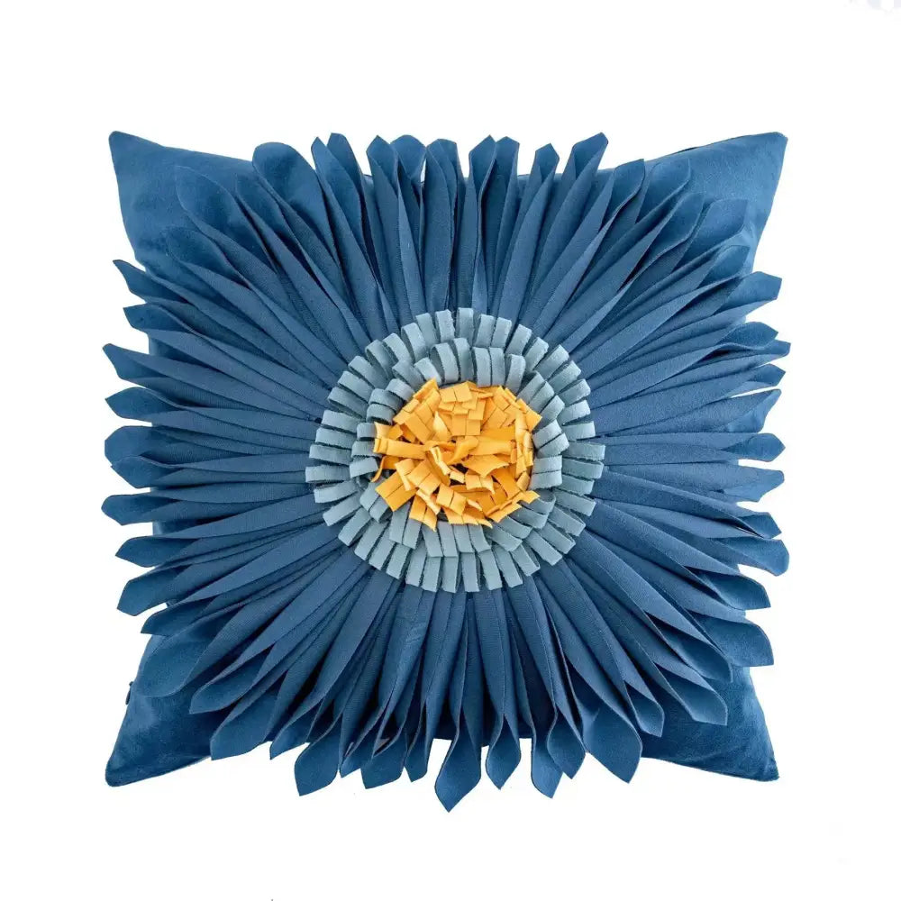 Blue floral cushion cover with layered petals and yellow orange center for decorbites bohemian tufted living room pillow