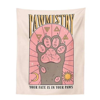 Beige bohemian tapestry with gray and pink cat paws tarot design and gold lettering for bedroom decorbites cat paws decor