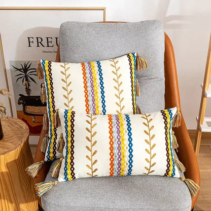 Two rectangular cushion covers with bohemian cotton embroidery cream fabric colorful stripes and tassels for living room decorbites bohemian cotton embroidery
