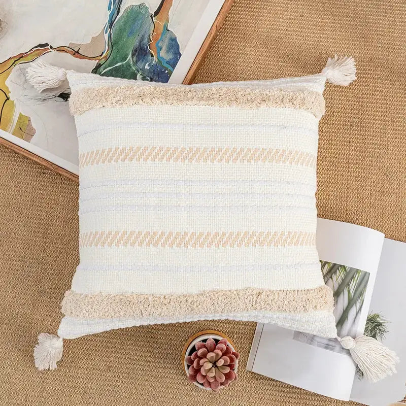 Cream and white striped woven bohemian beige cushion cover with tassel trim for living room decorbites pillow
