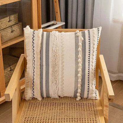Bohemian beige cushion cover with textured vertical stripes cream and gray tasseled edges decorbites bohemian beige cushion