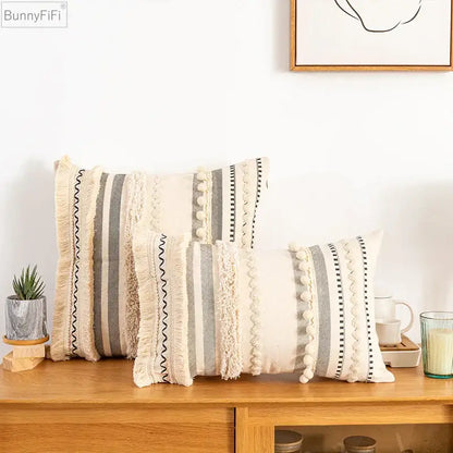 Bohemian beige striped cushion cover with textured fringe pom-poms woven details for home decor by decorbites
