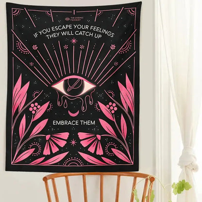 Bohemian black and pink botanical eye tapestry wall hanging with vibrant cosmic design and inspirational text by cosmic feminist
