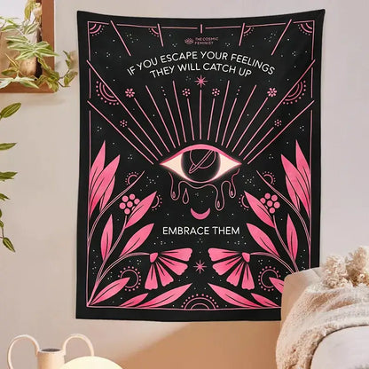 Bohemian black and pink botanical eye tapestry bedroom wall hanging with vibrant floral patterns and inspirational text decorbites botanical eye