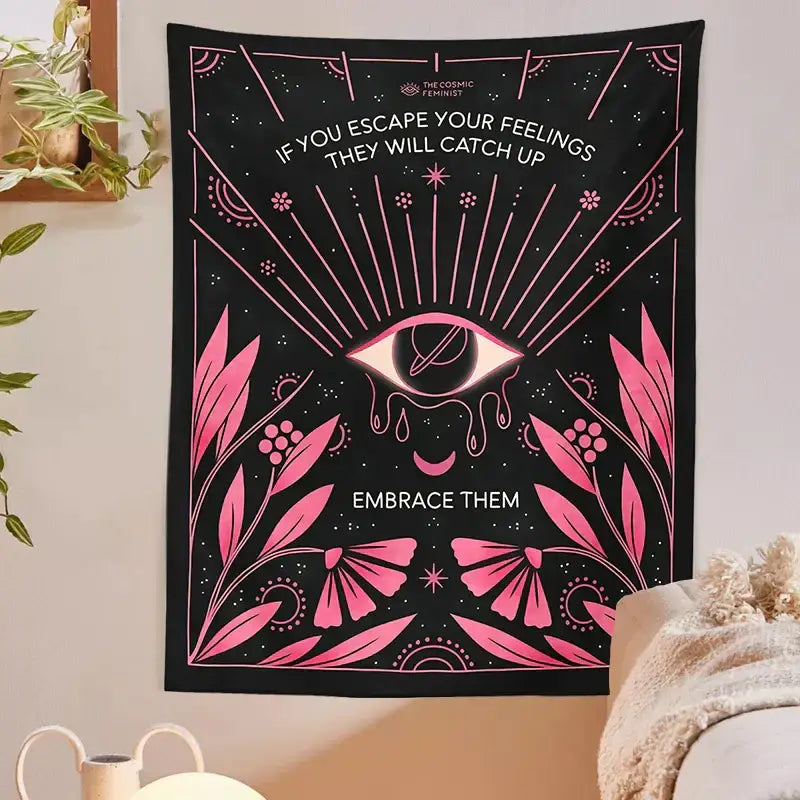 Bohemian black and pink botanical eye tapestry bedroom wall hanging with vibrant floral patterns and inspirational text decorbites botanical eye
