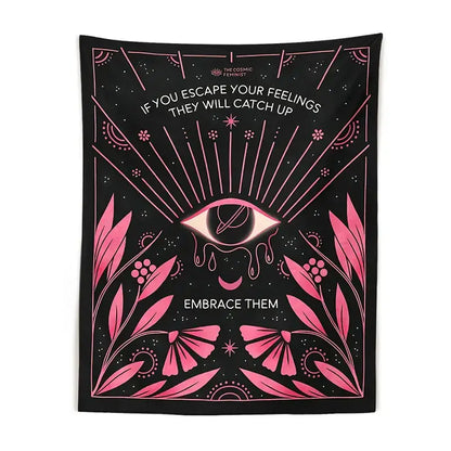 Bohemian black and pink botanical eye tapestry bedroom wall hanging featuring a central eye motif with leaves stars decorbites botanical eye
