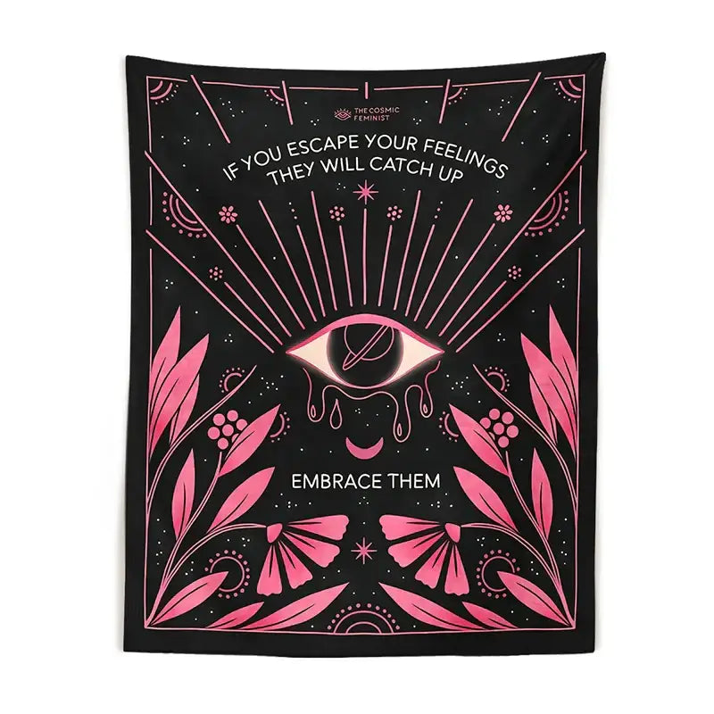 Bohemian black and pink decorbites botanical eye tapestry wall hanging with celestial and botanical designs for bedroom decor
