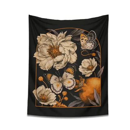 Black bohemian butterfly flower tapestry wall hanging featuring cream peonies butterflies and gold framed pomegranate decorbites butterfly flower