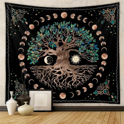 Black tapestry yoga mat featuring bronze tree of life with green leaves and copper moon phases for decorative tapestry yoga