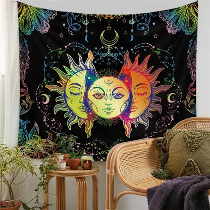 Vibrant rainbow-colored decorative tapestry yoga mat featuring three sun faces on black with celestial motifs and patterns