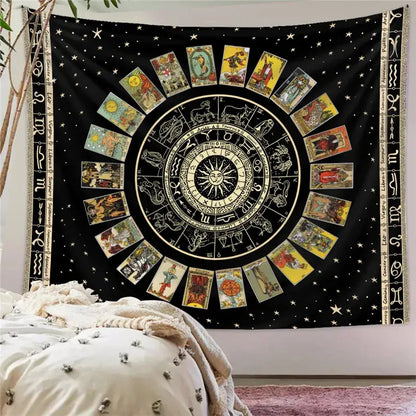 Bohemian black and white decorative tapestry yoga mat featuring zodiac wheel and tarot illustrations on starry background