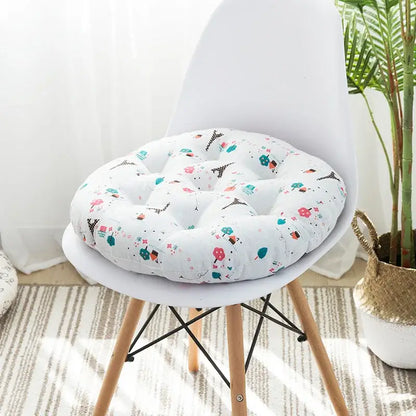 White tufted cushion pouf with playful parisian pattern in soft pastels for bohemian meditation cushion pouf use