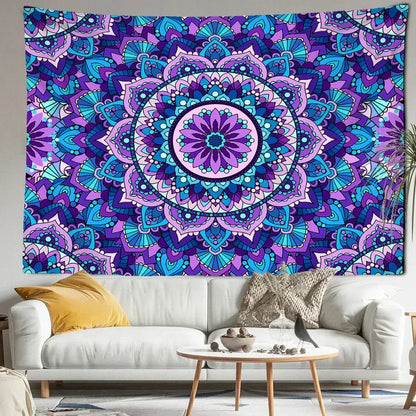 Bohemian blue purple mandala tapestry with intricate floral patterns hanging above a white sofa wall hanging