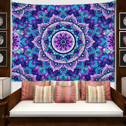 Bohemian blue purple mandala tapestry featuring vibrant intricate layered floral patterns for bedroom wall hanging
