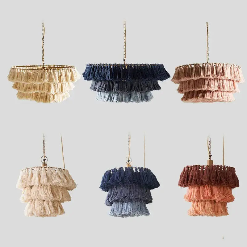 Beige navy blue and terracotta tiered tassel light with brass hardware decorbites bohemian chandelier suspension light