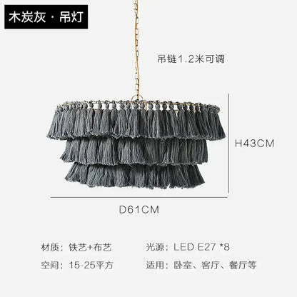 Charcoal gray tiered tassel light with brass chain iron frame and eight led e27 bulbs by decorbites bohemian chandelier suspension light