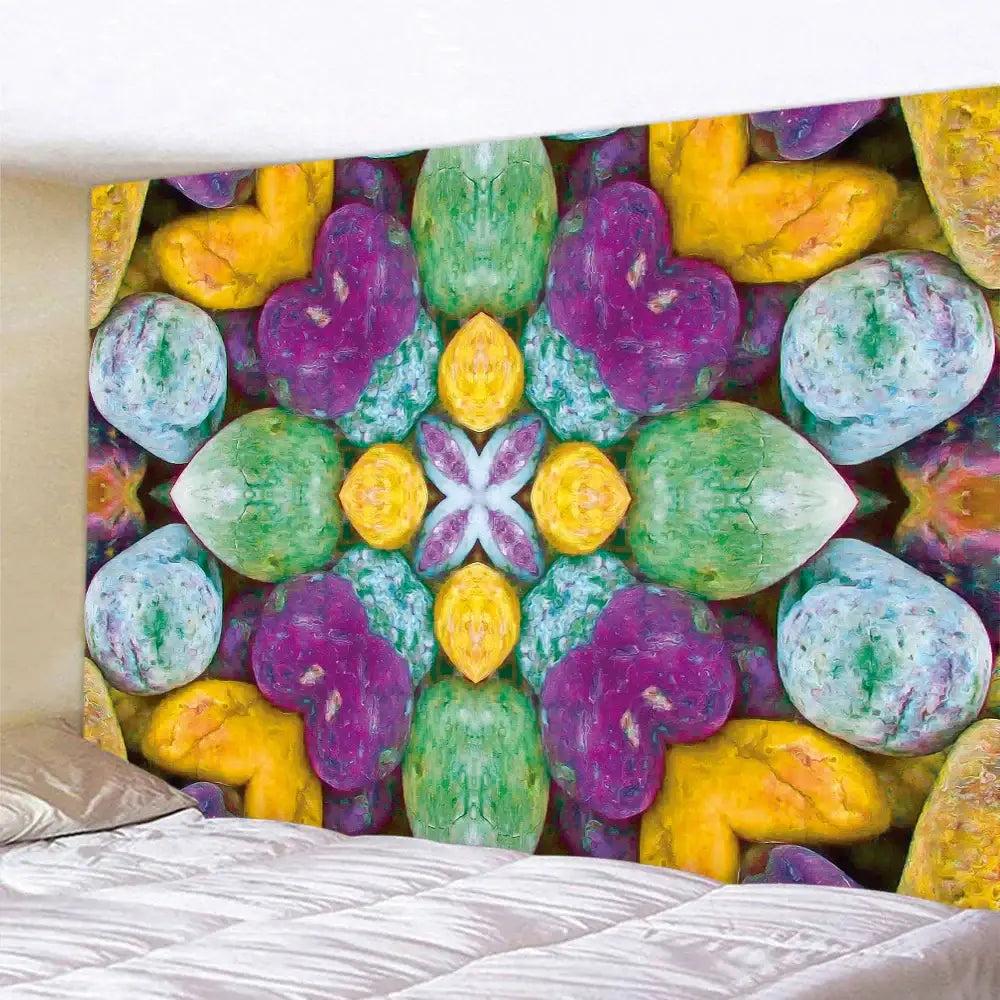 Bohemian brick wall texture mandala tapestry with vibrant heart and teardrop stones in purple green yellow and blue hues