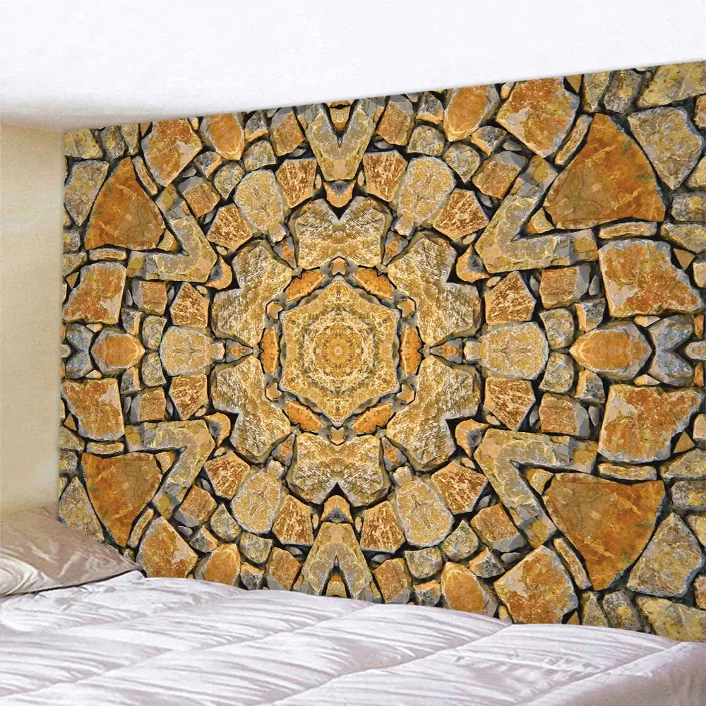 Bohemian brick wall texture mandala tapestry with earthy tan brown and gray stone pattern for bedroom decorbites decorbites brick wall