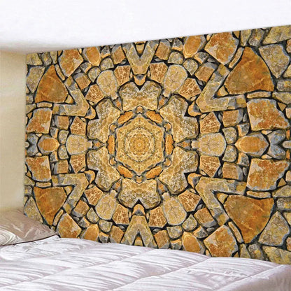 Bohemian brick wall texture mandala tapestry with earthy tan brown and gray stone pattern for bedroom decorbites decorbites brick wall