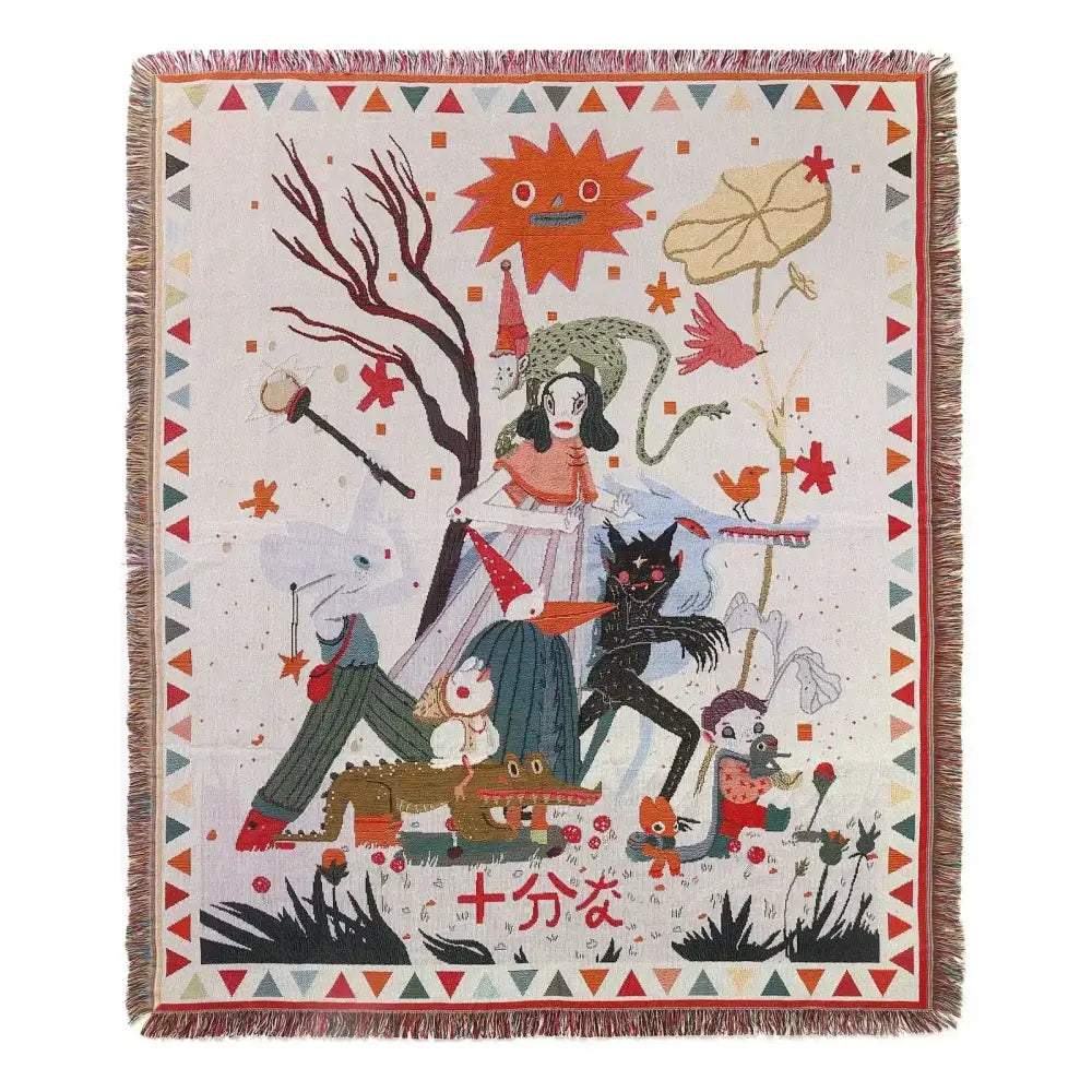 Off-white woven decorbites bohemian camping blanket with colorful cartoon nature characters and geometric borders
