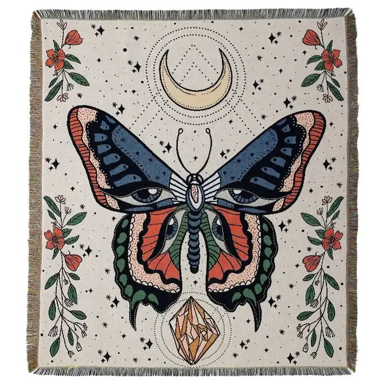 Beige decorbites bohemian camping blanket with woven butterfly and sun pattern for living room throw and decor