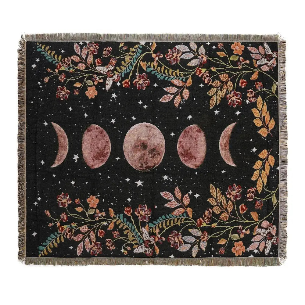 Black woven decorbites bohemian camping blanket with moon phases and floral patterns for cozy living room decor