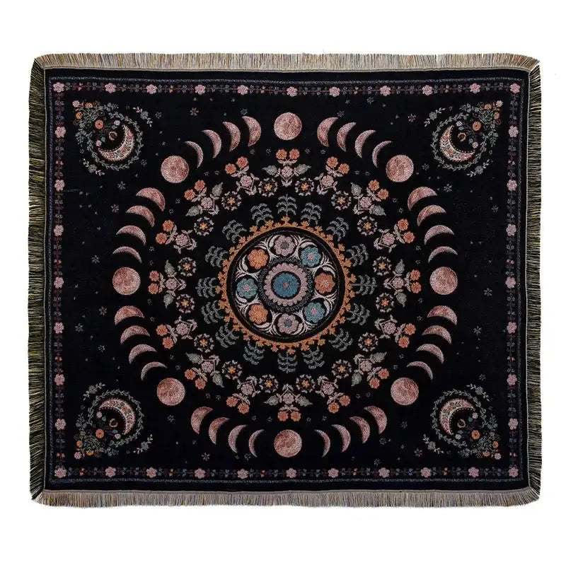 Black bohemian camping blanket by decorbites with moon phase floral patterns and fringed edges for living room decor