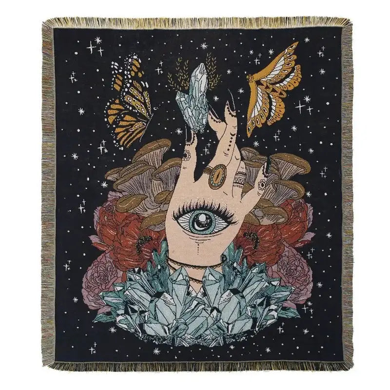 Black woven decorbites bohemian camping blanket with eye in hand and nature motifs against starry night sky design