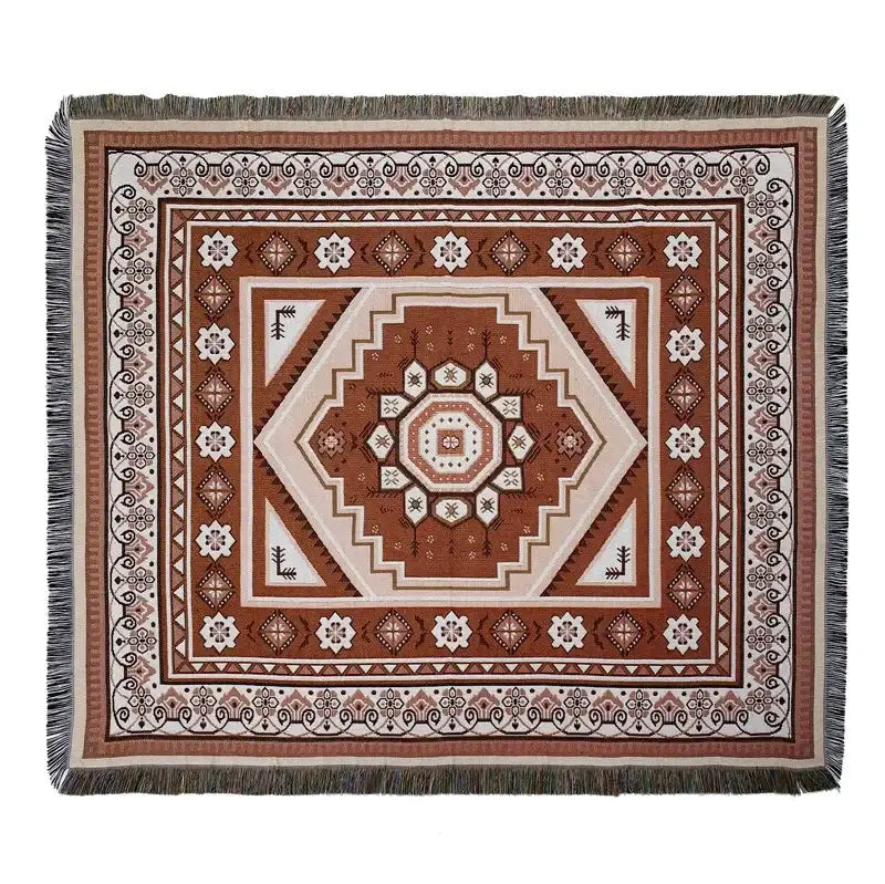 Brown and cream patterned decorbites bohemian camping blanket with yellow sun design and fringed edges for living room decor