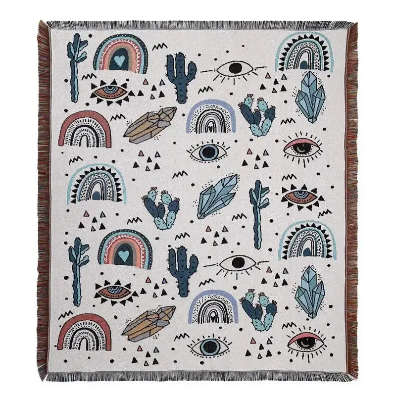 Cozy off-white decorbites bohemian camping blanket with whimsical cacti rainbows and crystals pattern for living room decor